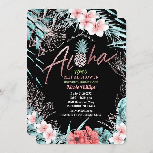 Rose Gold Tropische Ananas Aloha Luau Einladung (Vorne/Hinten)