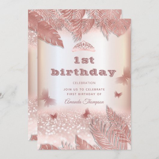 Rose Gold tropische Blätter Glitzer Schmetterling Einladung (Vorne/Hinten)