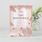 Rose Gold tropische Blätter Glitzer Schmetterling Einladung (Stehend Vorderseite)
