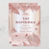 Rose Gold tropische Blätter Glitzer Schmetterling Einladung (Vorne/Hinten)