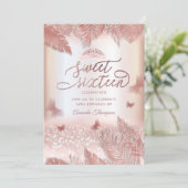 Rose Gold tropische Blätter Glitzer Schmetterling Einladung (Stehend Vorderseite)