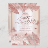 Rose Gold tropische Blätter Glitzer Schmetterling Einladung (Vorne/Hinten)