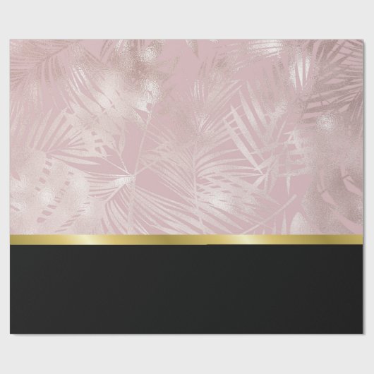 Rose Gold Tropische Blätter mit schwarzer Grenze Geschenkpapier (Flach)