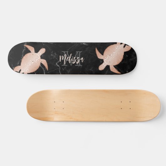 Rose Gold Turtle Black Marble Monogram Skateboard (Horizontal)