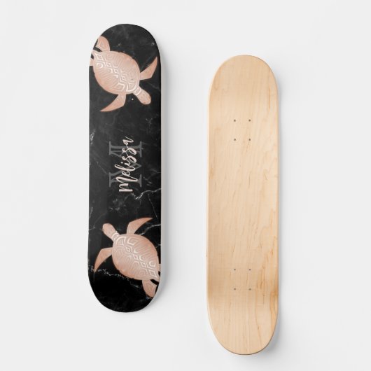 Rose Gold Turtle Black Marble Monogram Skateboard (Vorderseite)