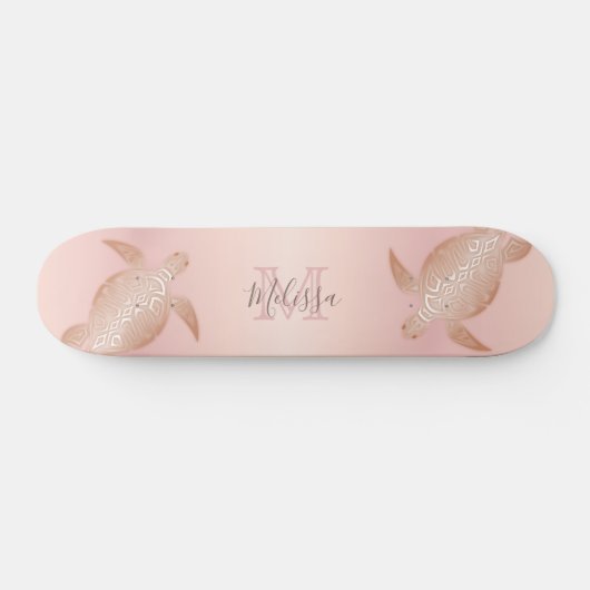 Rose Gold Turtle Blush Apricot Monogram Tropical Skateboard (Horizontal)