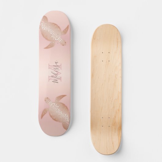 Rose Gold Turtle Blush Apricot Monogram Tropical Skateboard (Vorderseite)
