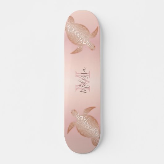 Rose Gold Turtle Blush Apricot Monogram Tropical Skateboard (Vorne)