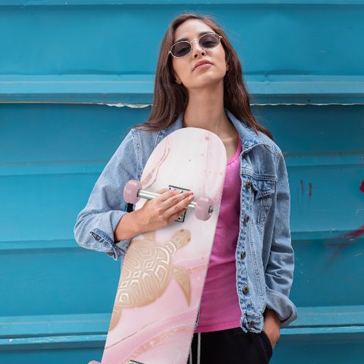 Rose Gold Turtle Pink Marble Ink Skateboard