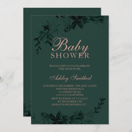 Rose Gold Typografie Floral green Babydusche Einladung (Vorne/Hinten)