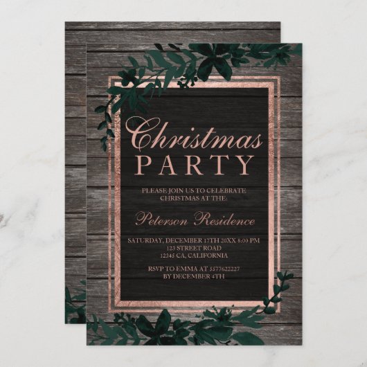 Rose Gold Typografie Grünblattholz Weihnachten Einladung (Vorne/Hinten)