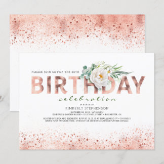 Rose Gold Typografie und weiße Blume Geburtstag Einladung