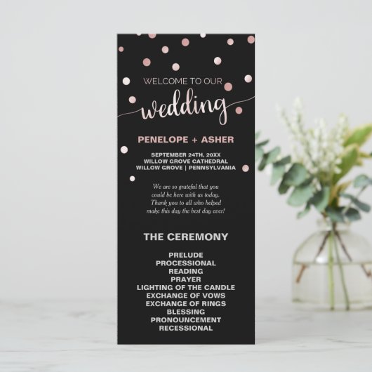 Rose Gold und Black Glam Confetti Hochzeitsprogram Programm (Stehend Vorderseite)