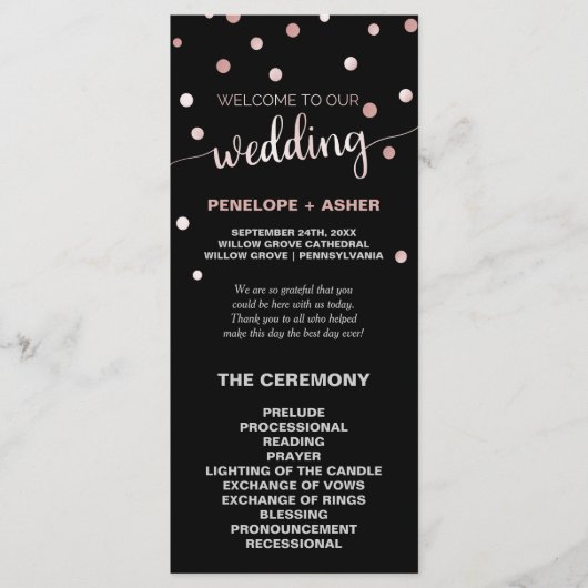 Rose Gold und Black Glam Confetti Hochzeitsprogram Programm (Vorderseite)