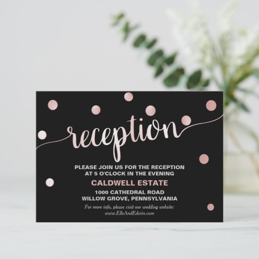 Rose Gold und Black Glam Hochzeitsempfang Beilage Begleitkarte (Stehend Vorderseite)