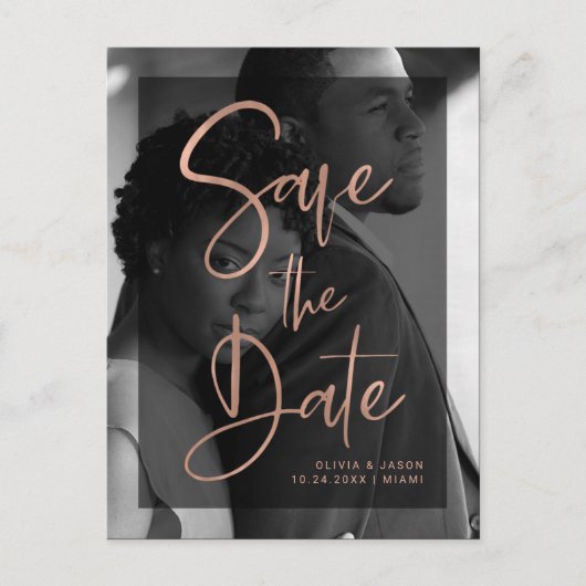 Rose Gold und Black Overlay | Foto Save the Date Ankündigungspostkarte (Vorderseite)