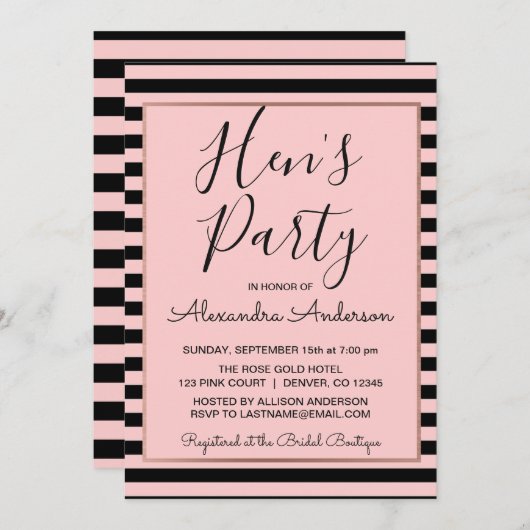 Rose Gold und Black Stripe Hens Party Einladung (Vorne/Hinten)