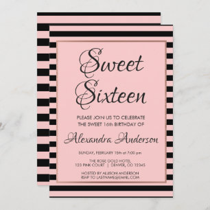 Rose Gold und Black Stripe Sweet 16 Geburtstag Einladung