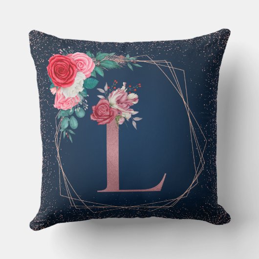 Rose Gold und Blau L Monogram Floral Throw Kissen (Rückseite)