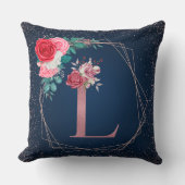 Rose Gold und Blau L Monogram Floral Throw Kissen (Vorderseite)