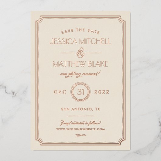 Rose Gold und Blush Art Deco Save the Date Folieneinladung (Vorderseite)