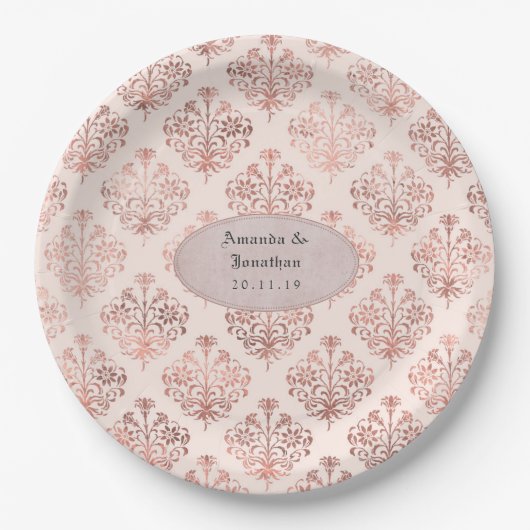 Rose Gold und Blush Damask Foil Wedding Pappteller (Vorderseite)