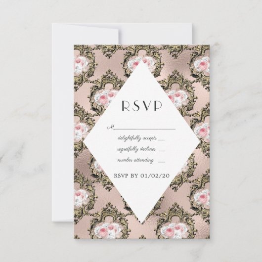 Rose Gold und Blush Damask Hochzeit RSVP Karte (Vorderseite)