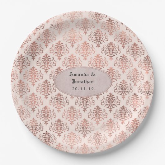 Rose Gold und Blush Foil Damask Muster Hochzeit Pappteller (Vorderseite)