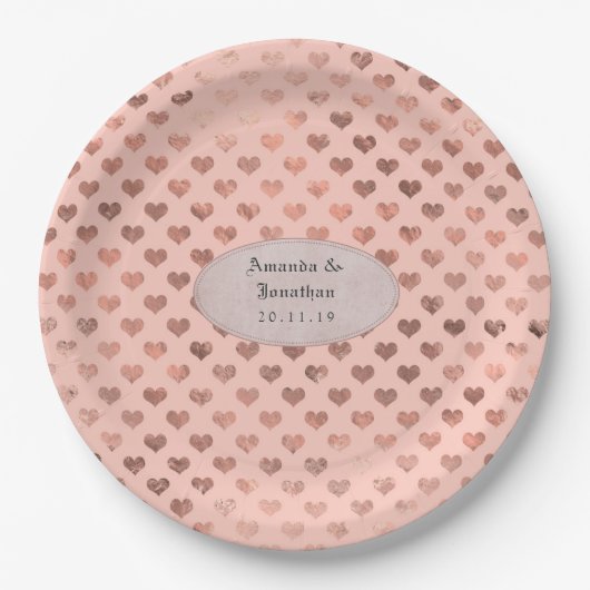 Rose Gold und Blush Foil Liebe Herz Hochzeit Pappteller (Vorderseite)