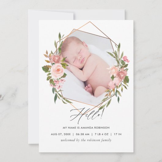 Rose Gold und Blush Geometric Birth Ankündigung (Vorderseite)