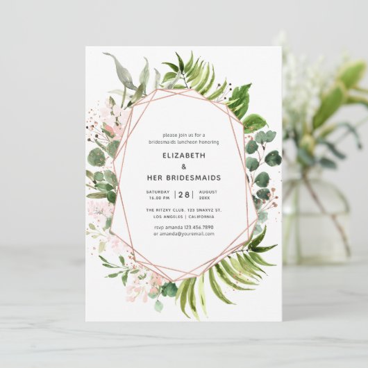 Rose Gold und Blush Geometric Bridesmaids Luncheon Einladung (Stehend Vorderseite)