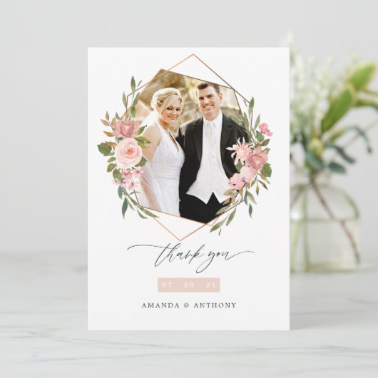 Rose Gold und Blush Geometric Wedding Foto Dankeskarte (Stehend Vorderseite)