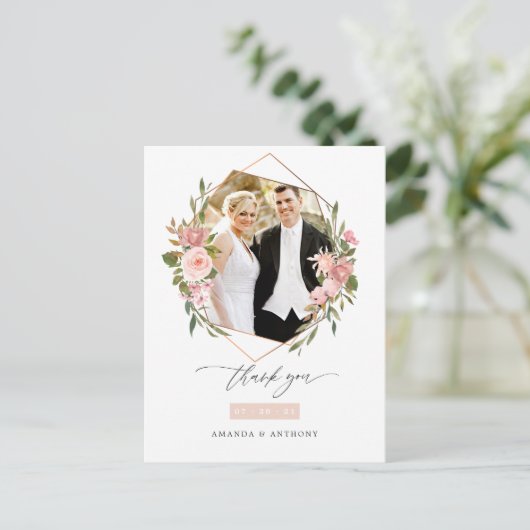 Rose Gold und Blush Geometric Wedding Foto Postkarte (Stehend Vorderseite)