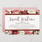 Rose Gold und Burgund Blume 16 . Geburtstag Einladung (Vorne/Hinten)
