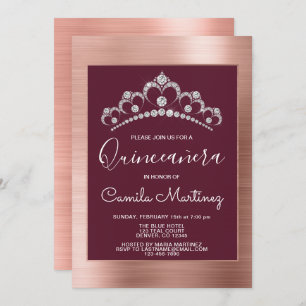 Rose Gold und Burgund Quinceanera mit Tiara Einladung