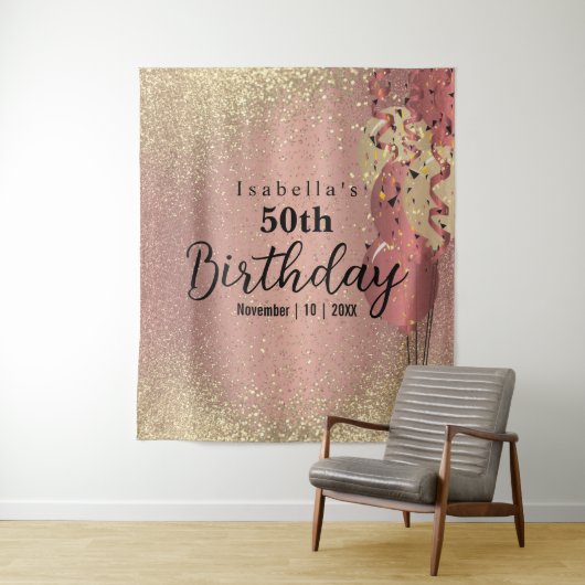 Rose Gold und Gold Glitzer Geburtstag Wandteppich (Beispiel)