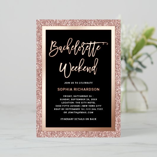 Rose Gold und Imitate Glitzer | Bachelorette Weeke Folieneinladung (Stehend vorne)