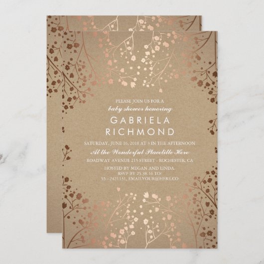 Rose Gold und Kraft Floral White Baby Dusche Einladung (Vorne/Hinten)