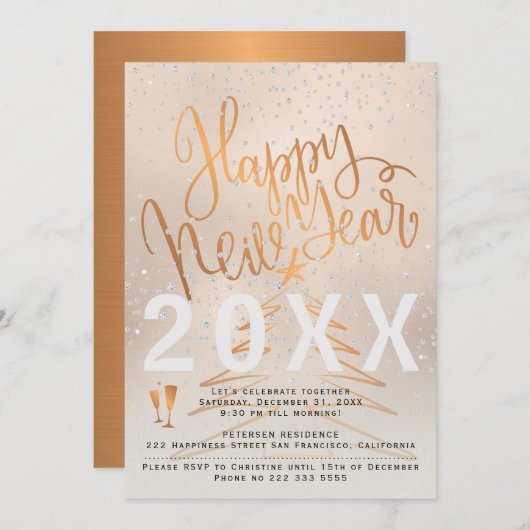 Rose Gold und Kupfer Metallisches Neujahrsfest Par Einladung (Vorne/Hinten)