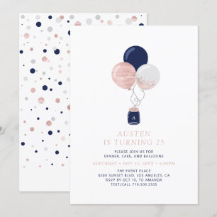 Rose Gold und Navy Ballons Moderne Geburtstagsfeie Einladung