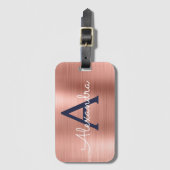 Rose Gold und Navy Blue BrushMetal Monogram Gepäckanhänger (Vorderseite Vertikal)