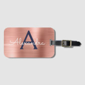 Rose Gold und Navy Blue BrushMetal Monogram Gepäckanhänger (Vorderseite (Horizontal))