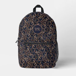Rose Gold und Navy Blue Damask Muster Mit Monogram Bedruckter Rucksack