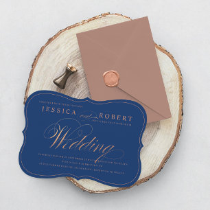 Rose Gold und Navy Blue Elegante Script Hochzeit Einladung
