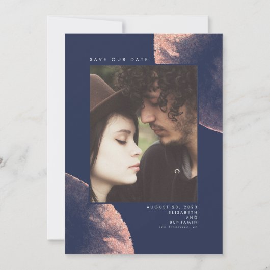 Rose Gold und Navy Blue Save the Date Foto (Vorderseite)