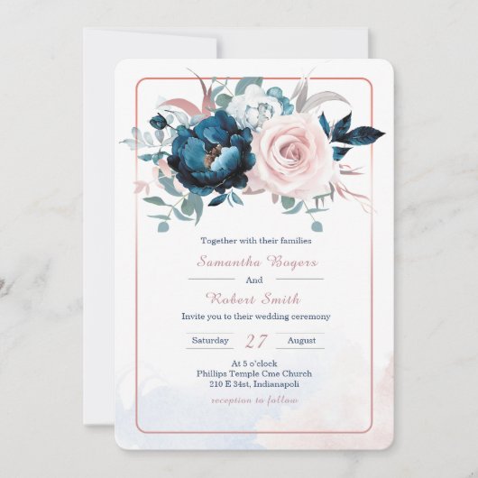 Rose Gold und Navy Blue Template Einladung (Vorderseite)