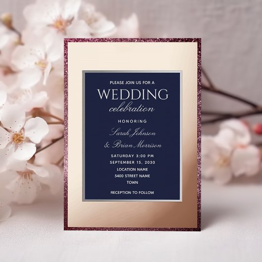 Rose Gold und Navy Blue Wedding Folieneinladung