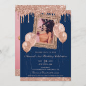 Rose Gold und Navy Glitzer Tropfen Foto Frame Einladung (Vorne/Hinten)