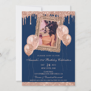 Rose Gold und Navy Glitzer Tropfen Foto Frame Einladung