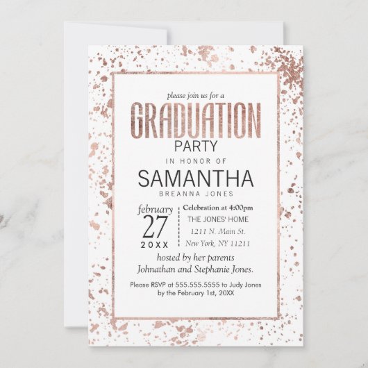 Rose Gold und Paint Spritzers Graduation Party Einladung (Vorderseite)